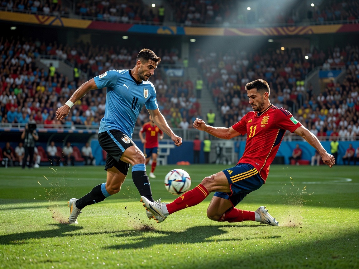 Intense football action between Uruguay and Spain