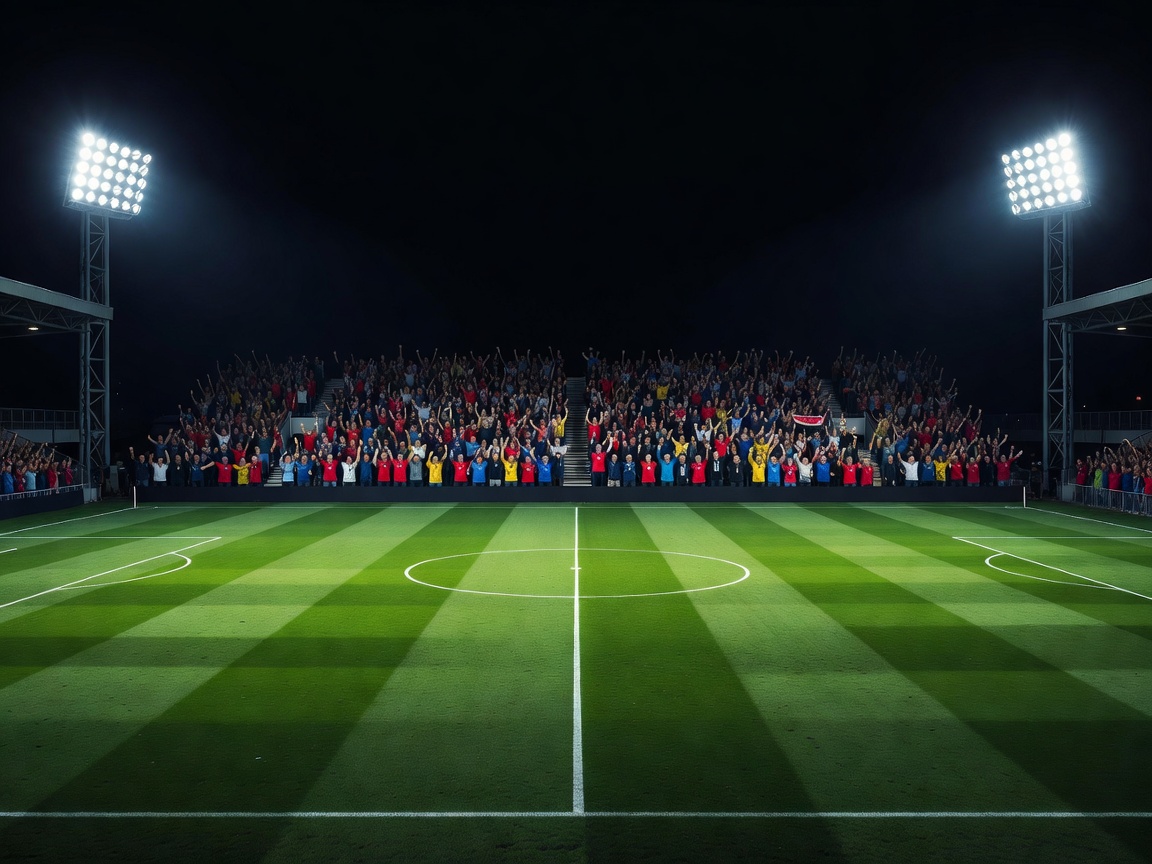 Modern football pitch under stadium lights with supporters in the background